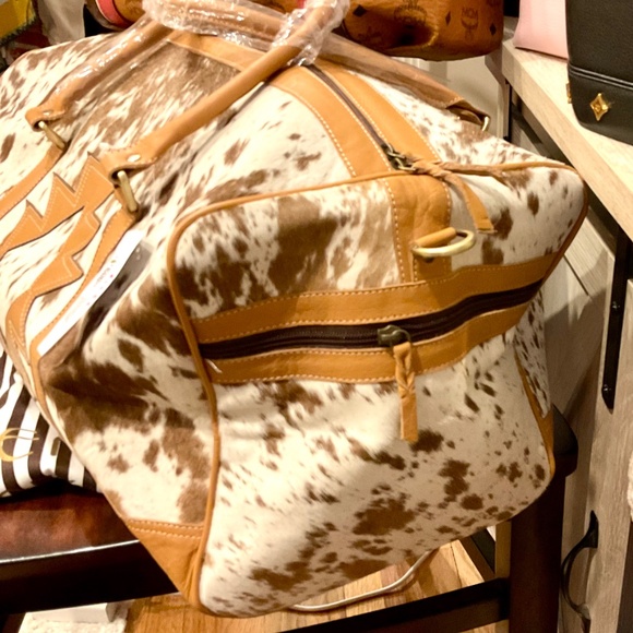 Boho Luxe Duffle Weekender Leather Cowhide Travel Black, Tan and Brown and White - Picture 5 of 9